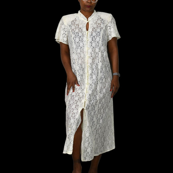 Vintage Lace Midi Dress White Ivory Button Front 80s Sheer Corset Lacing Medium - Picture 13 of 16